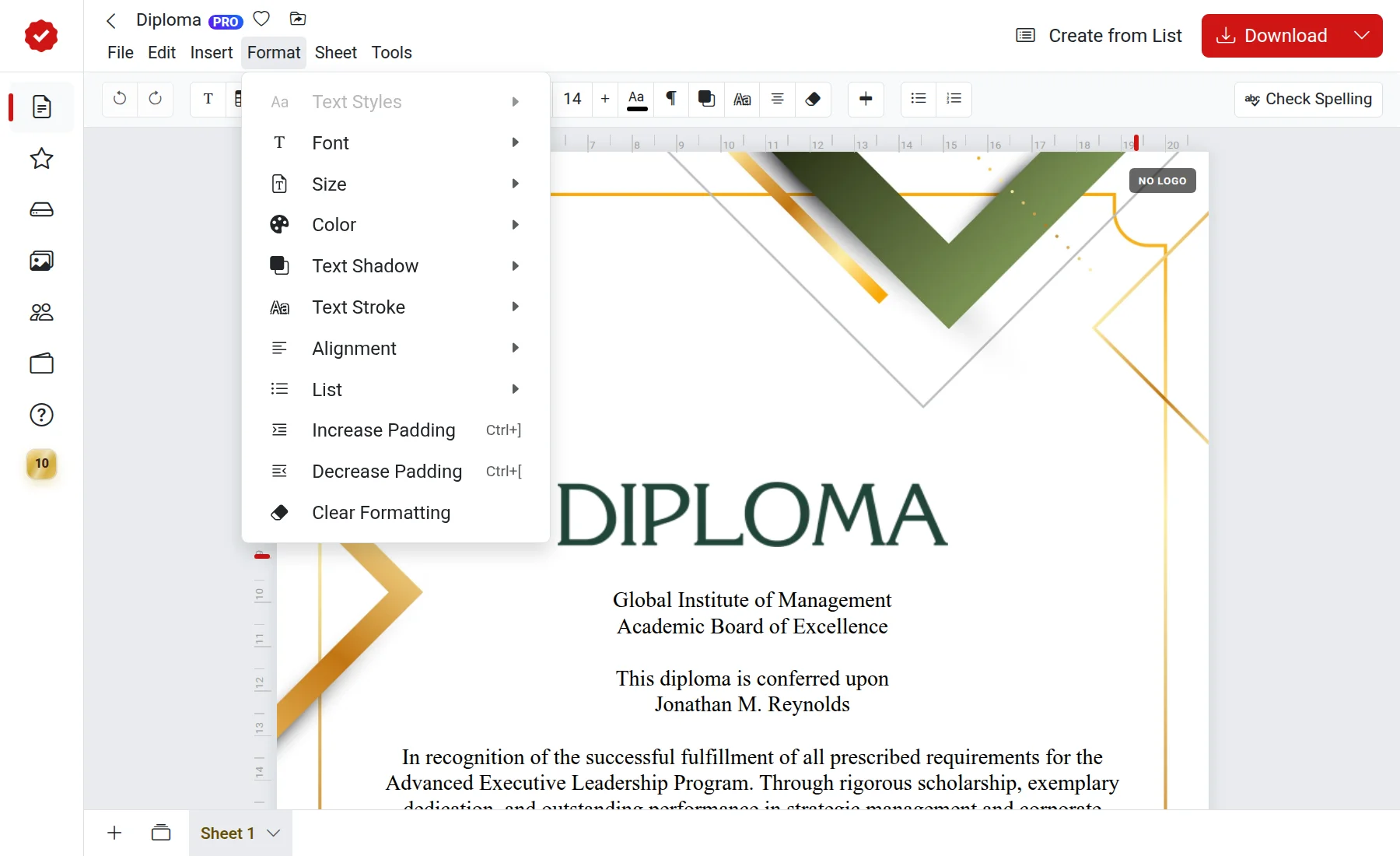 Text formatting menu in the editor