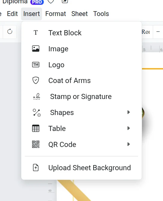 Menu « Insertion » : vous y trouverez des armoiries, des images, des formes et des codes QR