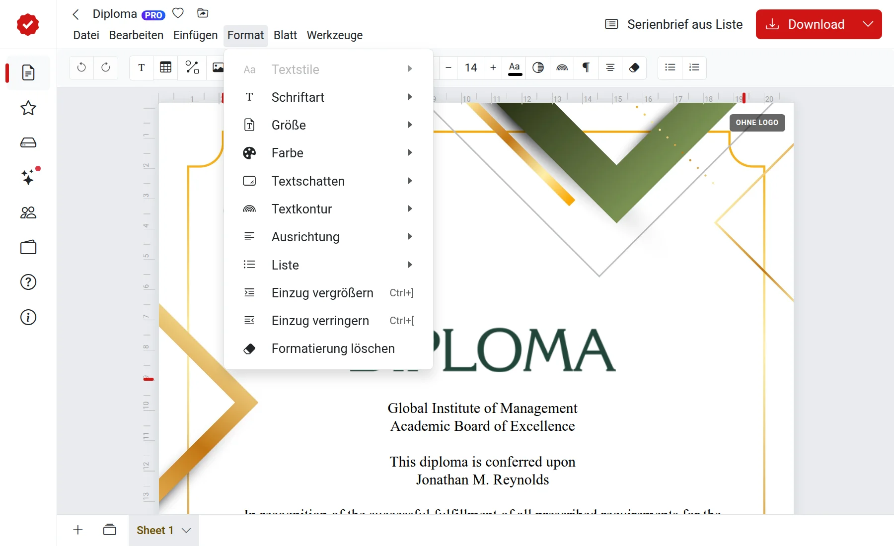 Menü zur Textformatierung im Editor
