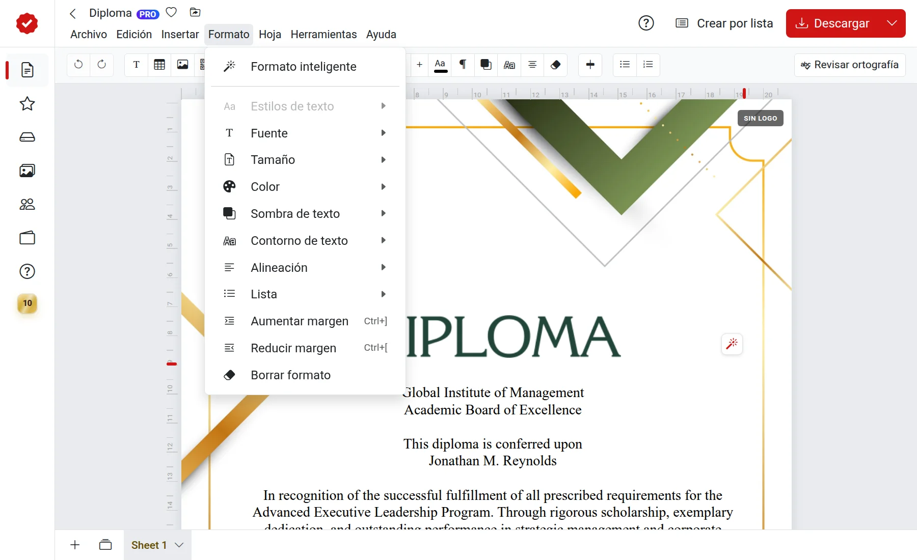 Menú de formato de texto en el editor
