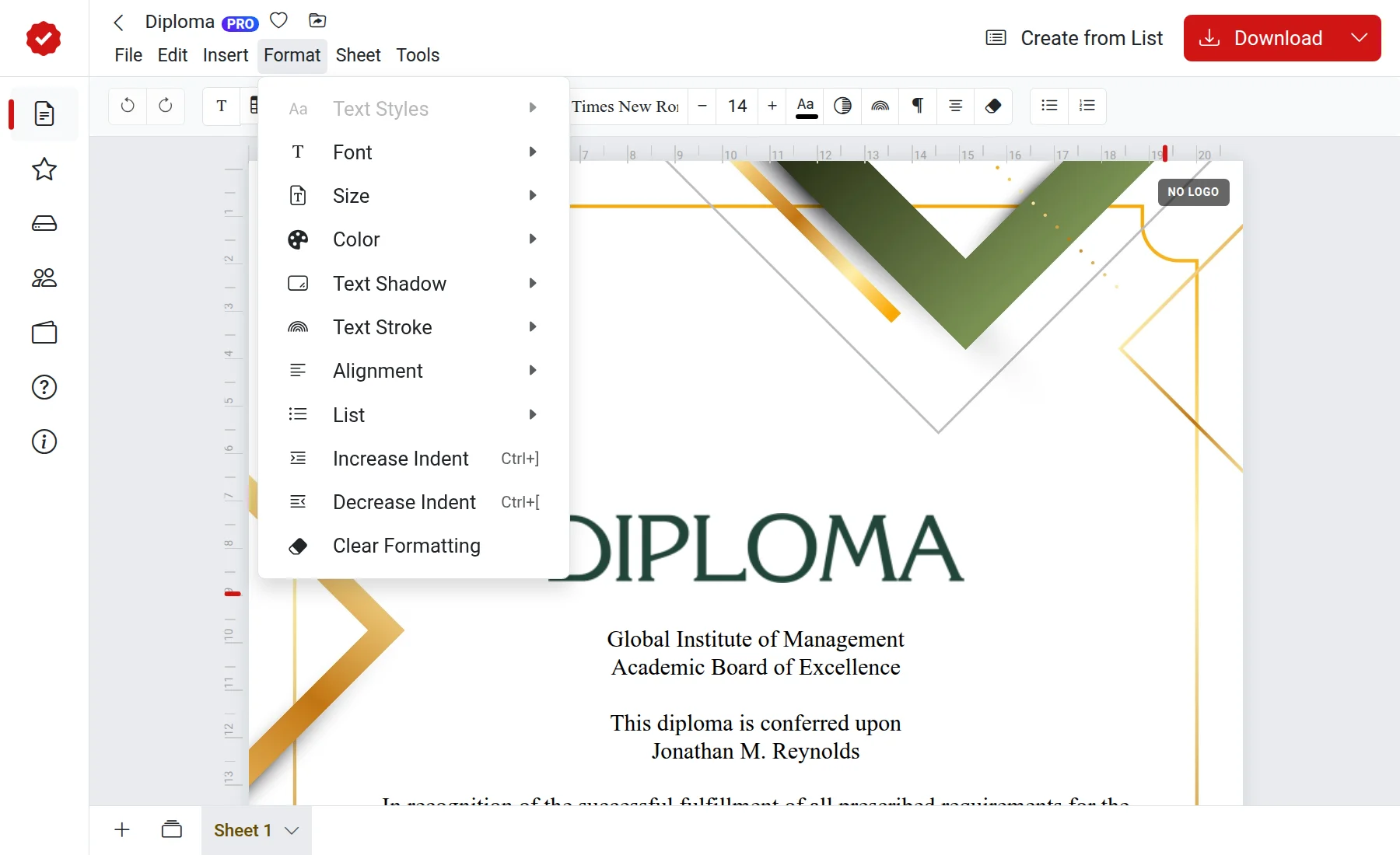 Menú de formato de texto en el editor