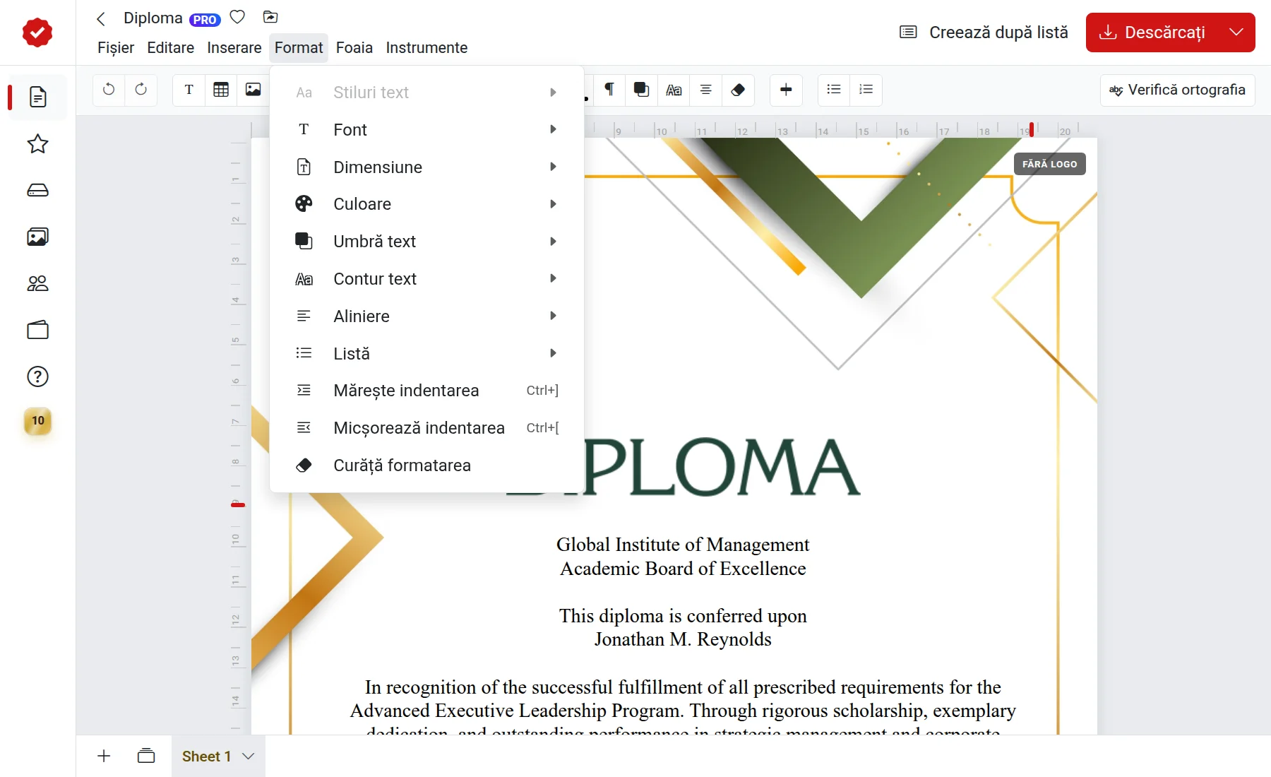 Meniul de formatare a textului în editor