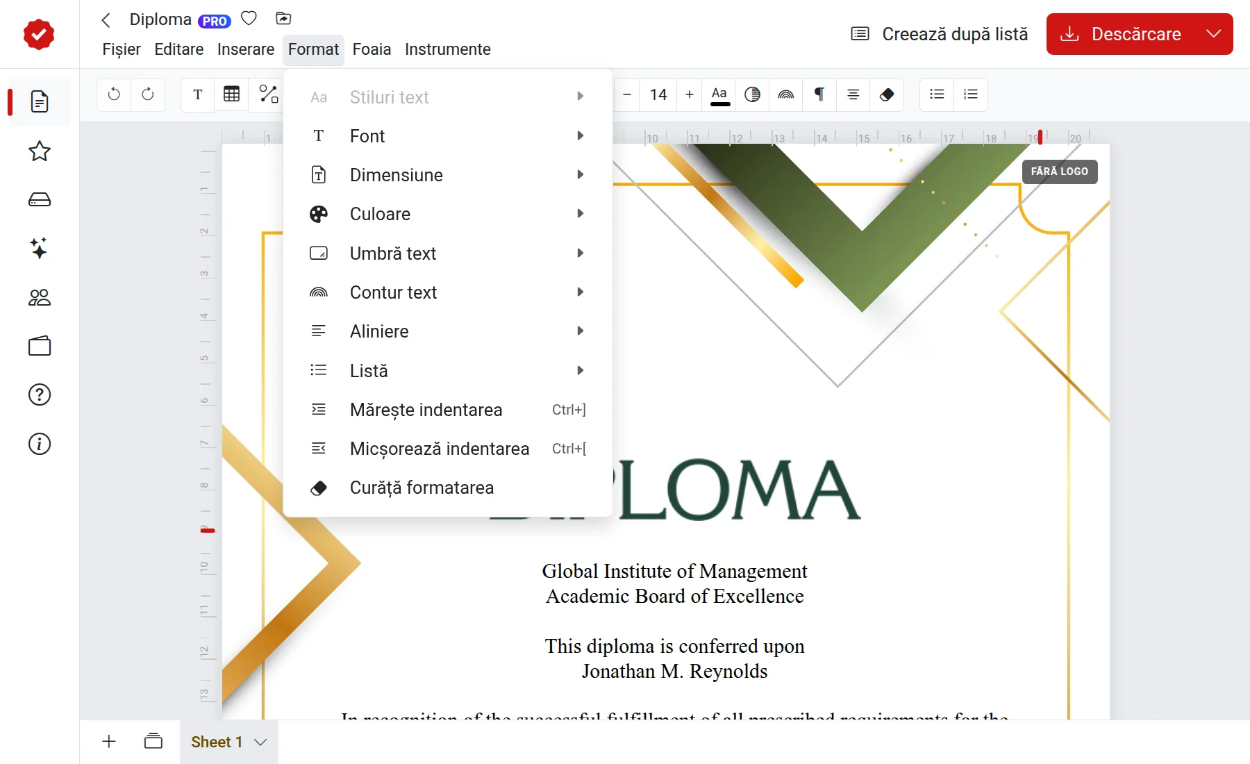 Meniul de formatare a textului în editor