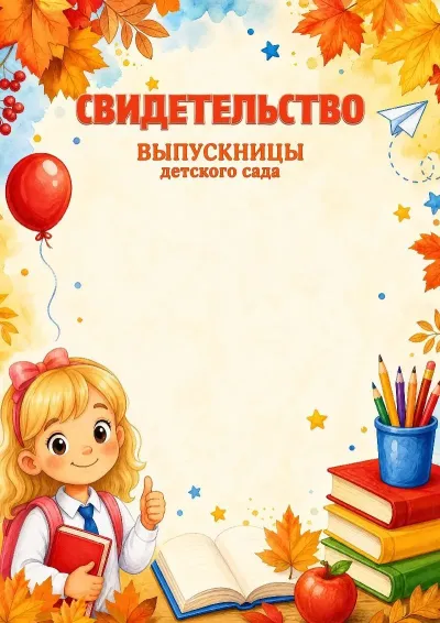 Шаблон школьного свидетельства выпускницы детского сада «Вперед к знаниям!»