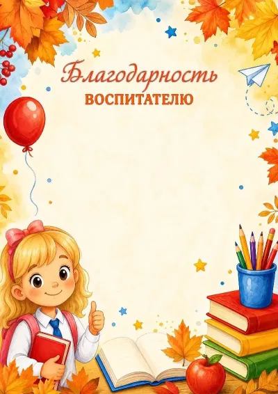 Шаблон школьной благодарности воспитателю «Вперед к знаниям!»