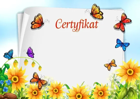Szablon dziecięcego certyfikatu „Motyle w ogrodzie”