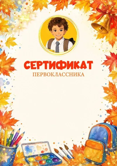 Шаблон сертификата первоклассника «Школьные вершины» с фотографией в мультяшном исполнении