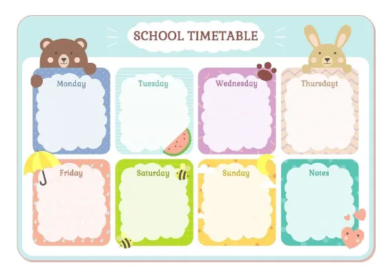 «Cute Animals» school timetable template